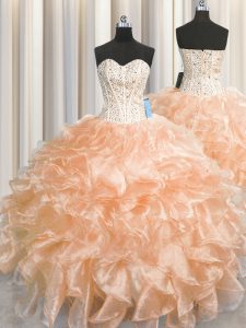 Visible Boning Zipper Up Ball Gowns 15th Birthday Dress Peach Sweetheart Organza Sleeveless Floor Length Zipper