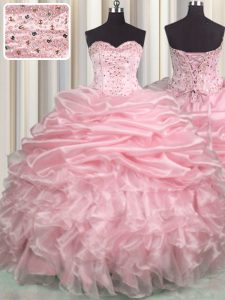 On Sale Baby Pink Ball Gowns Sweetheart Sleeveless Organza With Brush Train Lace Up Beading and Ruffles and Pick Ups Qui