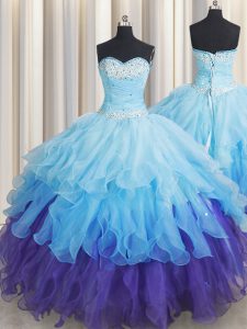 Customized Organza Sleeveless Floor Length Sweet 16 Quinceanera Dress and Beading and Ruffles and Ruffled Layers and Seq