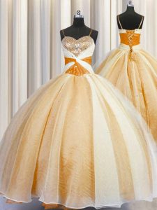 Spaghetti Straps Orange Sleeveless Organza Lace Up Ball Gown Prom Dress for Military Ball and Sweet 16 and Quinceanera