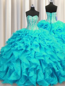 Dynamic Visible Boning Ball Gowns Sleeveless Aqua Blue Ball Gown Prom Dress Brush Train Lace Up