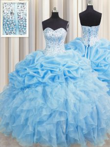 Visible Boning Baby Blue Ball Gown Prom Dress Military Ball and Sweet 16 and Quinceanera and For with Beading and Ruffle