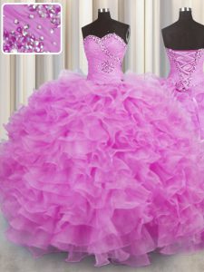 Ideal Lilac Sweetheart Neckline Beading and Ruffles Quinceanera Gown Sleeveless Lace Up