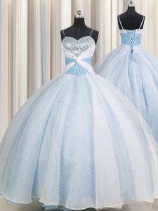 Enchanting Ball Gowns Quinceanera Gowns Light Blue Spaghetti Straps Organza Sleeveless Floor Length Lace Up