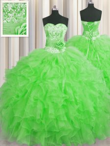 Dynamic Handcrafted Flower Ball Gowns Sweet 16 Dress Green Sweetheart Organza Sleeveless Floor Length Lace Up