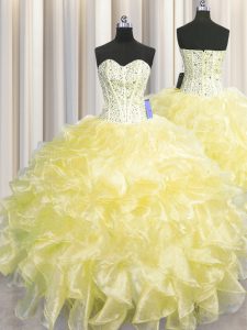 Visible Boning Zipper Up Light Yellow Sleeveless Beading and Ruffles Floor Length Quince Ball Gowns