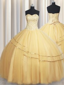 Visible Boning Big Puffy Sleeveless Organza Floor Length Lace Up Sweet 16 Quinceanera Dress in Champagne with Beading an
