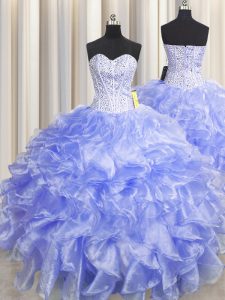 Trendy Visible Boning Zipper Up Lavender Sleeveless Floor Length Beading and Ruffles Zipper Quinceanera Gown