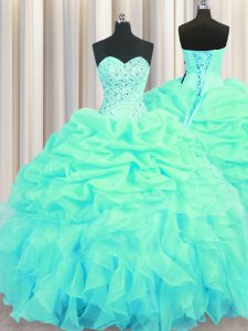 On Sale Sleeveless Organza Floor Length Lace Up Quinceanera Dresses in Turquoise with Beading and Ruffles and Pick Ups