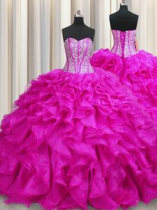 Visible Boning Organza Sweetheart Sleeveless Brush Train Lace Up Beading and Ruffles Quince Ball Gowns in Fuchsia