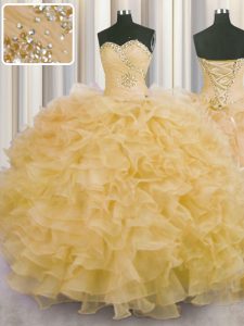 Sleeveless Organza Floor Length Lace Up Sweet 16 Dress in Gold with Beading and Ruffles
