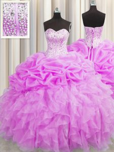 Hot Sale Visible Boning Sleeveless Lace Up Floor Length Beading and Ruffles and Pick Ups 15 Quinceanera Dress