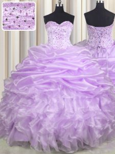 Lavender Lace Up Sweetheart Beading and Ruffles and Pick Ups Quince Ball Gowns Organza Sleeveless Brush Train