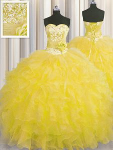 Great Handcrafted Flower Organza Sweetheart Sleeveless Lace Up Beading and Ruffles and Hand Made Flower Ball Gown Prom D