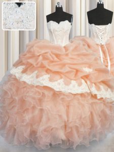 Exquisite Floor Length Peach Ball Gown Prom Dress Organza Sleeveless Appliques and Ruffles and Pick Ups
