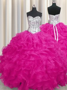 Fabulous Fuchsia Sweetheart Lace Up Beading and Ruffles Sweet 16 Quinceanera Dress Sleeveless