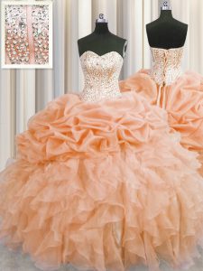 Artistic Visible Boning Orange Sweetheart Neckline Beading and Ruffles Sweet 16 Dress Sleeveless Lace Up