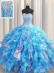 Affordable Visible Boning Organza and Sequined Sweetheart Sleeveless Lace Up Beading and Ruffles and Sequins 15 Quincean