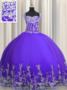 Luxury Purple Tulle Lace Up Straps Sleeveless Floor Length Quinceanera Dresses Beading and Appliques