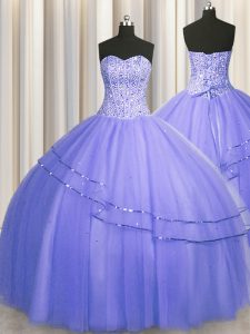 Visible Boning Puffy Skirt Purple Sleeveless Tulle Lace Up Quinceanera Dress for Military Ball and Sweet 16 and Quincean