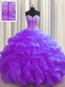 Visible Boning Purple Ball Gowns Beading and Ruffles Sweet 16 Dresses Lace Up Organza Sleeveless Floor Length