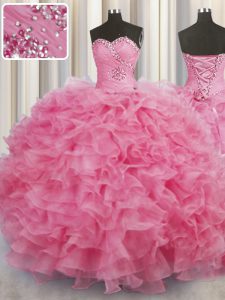 Rose Pink Lace Up Quinceanera Gown Beading and Ruffles Sleeveless Floor Length