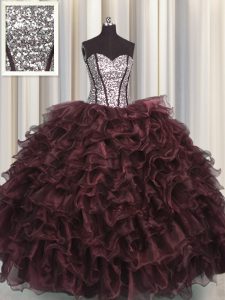 Visible Boning Brown Ball Gowns Organza and Sequined Sweetheart Sleeveless Ruffles and Sequins Floor Length Lace Up Swee