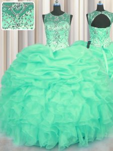 See Through Scoop Sleeveless Organza 15 Quinceanera Dress Beading and Ruffles and Pick Ups Lace Up