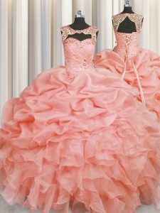 Scoop Beading and Pick Ups Quince Ball Gowns Baby Pink Lace Up Sleeveless Floor Length