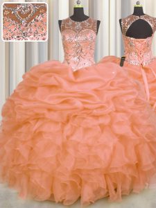 Popular See Through Orange Lace Up Scoop Beading and Ruffles and Pick Ups 15 Quinceanera Dress Organza Sleeveless