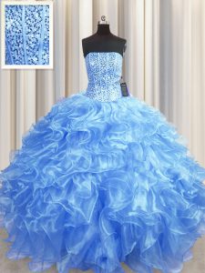 Exquisite Visible Boning Baby Blue Ball Gowns Organza Strapless Sleeveless Beading and Ruffles Floor Length Lace Up Quin
