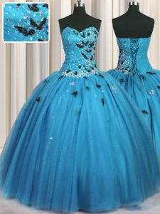 Stylish Baby Blue Ball Gowns Beading and Appliques 15th Birthday Dress Lace Up Tulle Sleeveless Floor Length