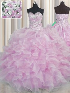Luxurious Bling-bling Sleeveless Floor Length Beading and Ruffles Lace Up Quinceanera Dress with Lilac