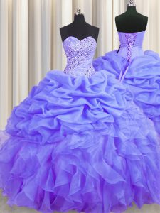 New Style Lavender Sleeveless Beading and Ruffles and Pick Ups Floor Length Quinceanera Dresses