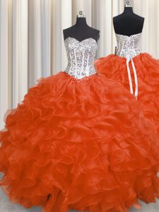 Red Sweetheart Neckline Beading and Ruffles 15th Birthday Dress Sleeveless Lace Up