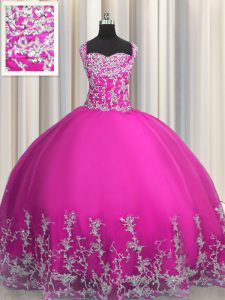 Gorgeous Fuchsia Tulle Lace Up Straps Sleeveless Floor Length Sweet 16 Dresses Beading and Appliques