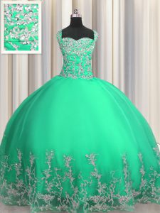 Organza Sweetheart Sleeveless Lace Up Beading and Appliques Sweet 16 Dresses in Turquoise