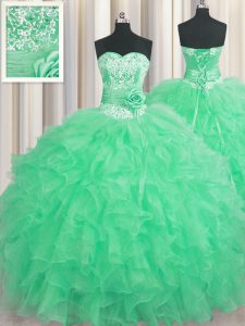 Customized Handcrafted Flower Apple Green Lace Up Ball Gown Prom Dress Beading and Ruffles and Hand Made Flower Sleevele