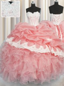Organza Sleeveless Floor Length Quince Ball Gowns and Appliques and Ruffles and Pick Ups