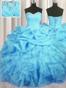 Exquisite Baby Blue Sweetheart Lace Up Beading and Ruffles and Ruching and Pick Ups Quinceanera Gowns Sleeveless