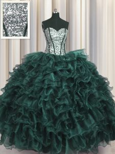 Visible Boning Peacock Green Sweetheart Neckline Ruffles and Sequins 15 Quinceanera Dress Sleeveless Lace Up