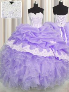 Lavender Ball Gowns Organza Sweetheart Sleeveless Beading and Appliques and Ruffles and Pick Ups Floor Length Lace Up Qu