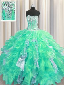 Turquoise Ball Gowns Organza and Sequined Sweetheart Sleeveless Beading and Ruffles and Sequins Floor Length Lace Up Qui