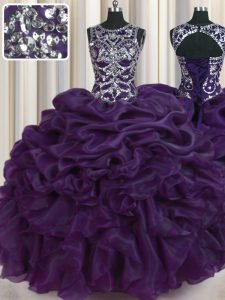 Traditional Scoop Sleeveless Floor Length Beading and Pick Ups Lace Up Sweet 16 Dresses with Dark Purple
