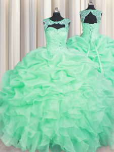Scoop Apple Green Sleeveless Floor Length Beading and Pick Ups Lace Up Vestidos de Quinceanera