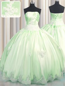 Ideal Floor Length Lace Up Ball Gown Prom Dress Green for Military Ball and Sweet 16 and Quinceanera with Beading and Ap