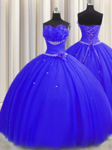 High End Handcrafted Flower Royal Blue Lace Up Strapless Beading and Ruching and Hand Made Flower Sweet 16 Dress Tulle S