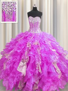 Customized Visible Boning Sweetheart Sleeveless Quinceanera Dress Floor Length Beading and Ruffles and Sequins Lilac Org
