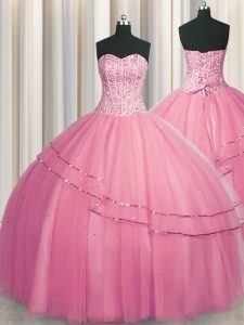 Beauteous Visible Boning Big Puffy Rose Pink Sweet 16 Dresses Military Ball and Sweet 16 and Quinceanera and For with Be