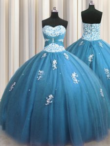 Chic Teal Column/Sheath Beading and Appliques Quinceanera Dress Lace Up Tulle Sleeveless Floor Length